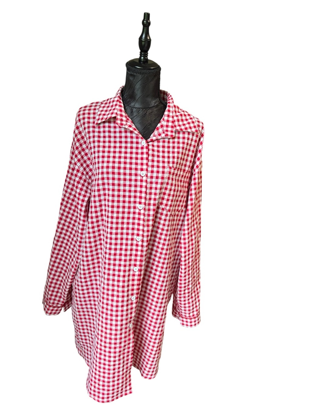 Red White Gingham Plus Size 1XL Button Front Tunic Shirt